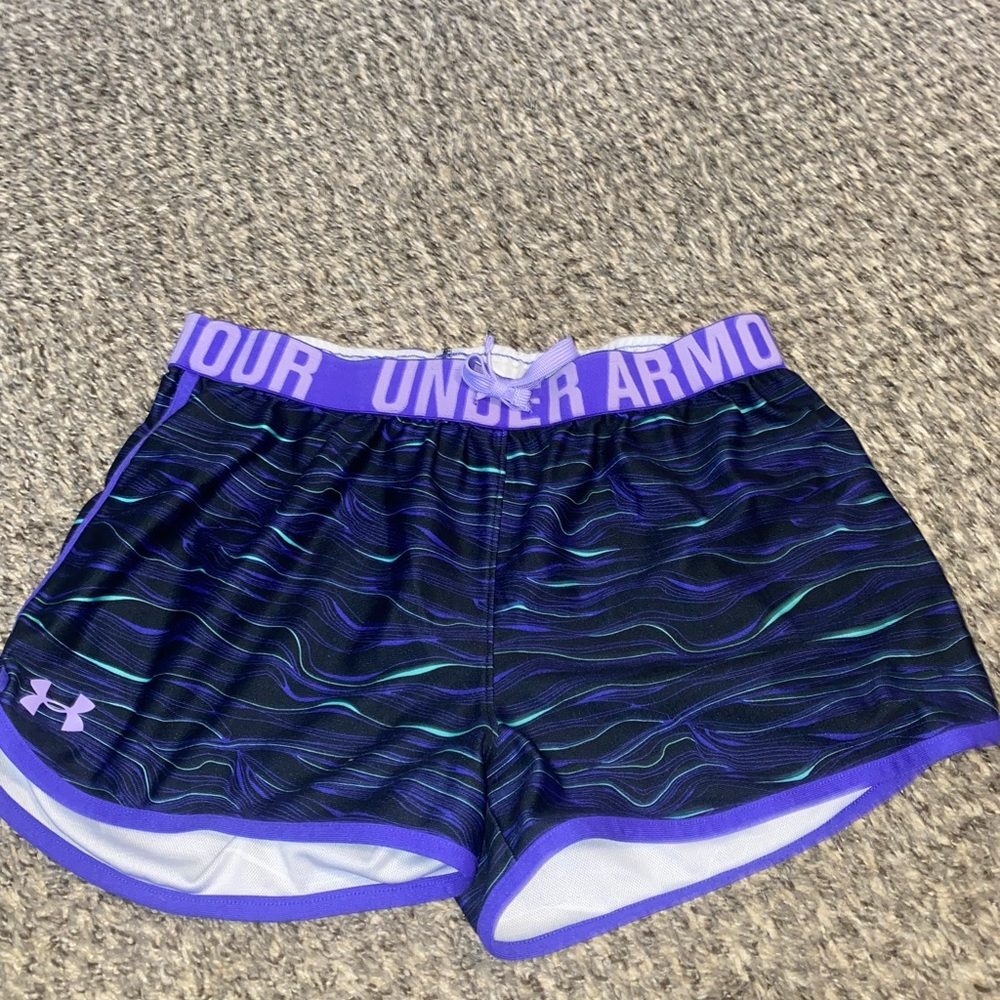Purple, Teal, and Black Under Armour Athletic Shorts- Size YXL (Fairly Worn)